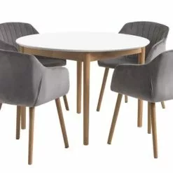 MARSTRAND Ø110 Bord Vit + 4 ADSLEV Stol Grå Sammet